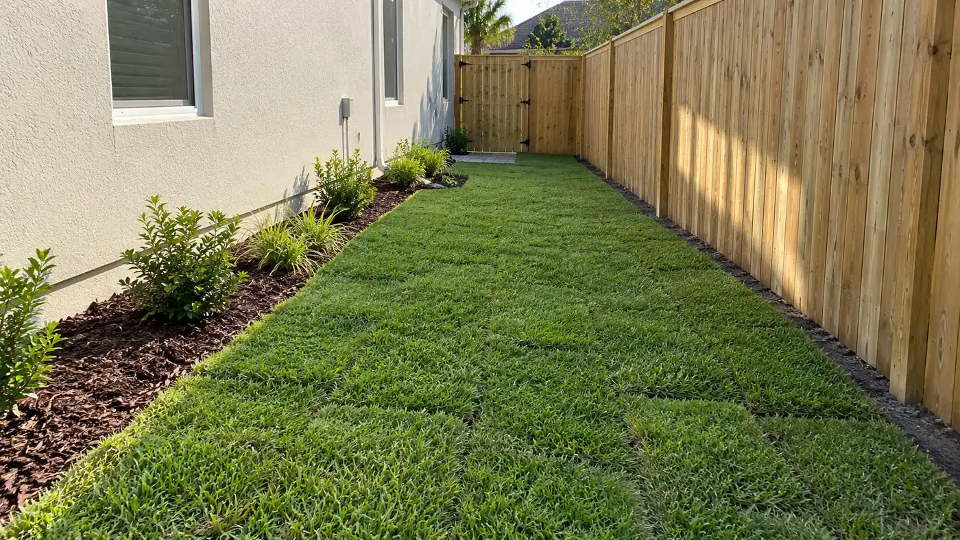 Side yard sod Concept rendering: new sod laid along a side yard between a stucco wall and a wood fence in Nassau County, FL