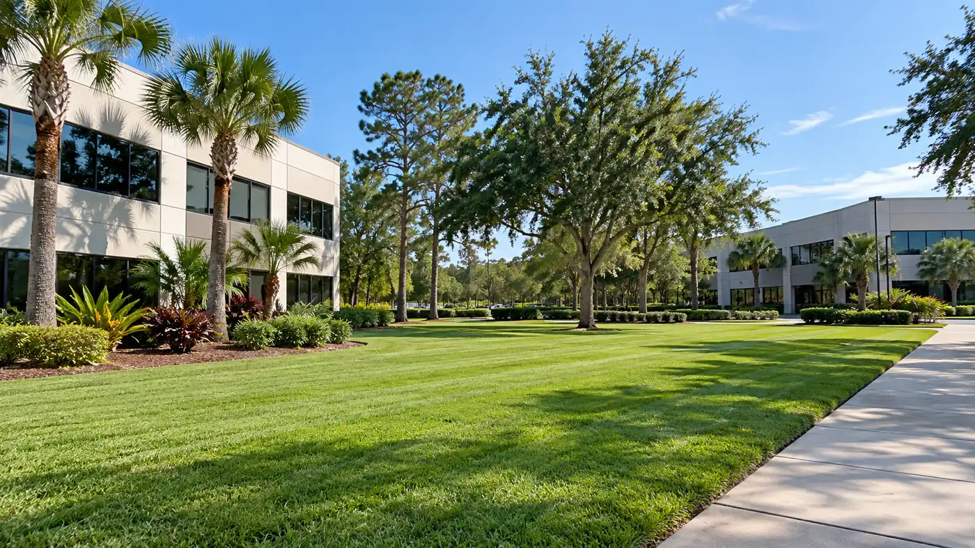 Office park lawn care Concept rendering: mowed office park lawn with palms and a sidewalk between two buildings in Nassau County, FL
