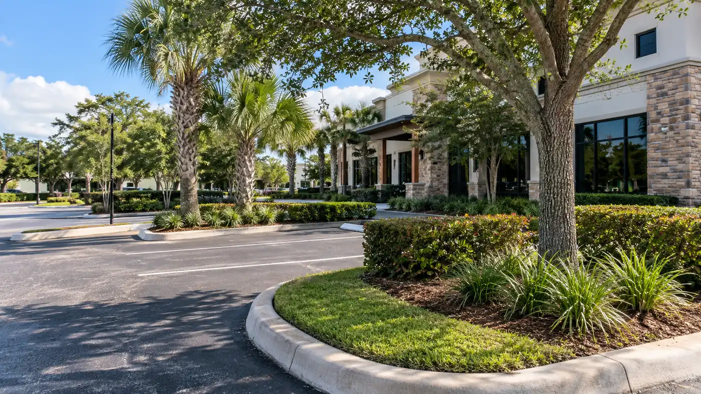 Parking lot island care Concept rendering: maintained parking lot island with a shade tree, hedges and curbed turf in Nassau County, FL