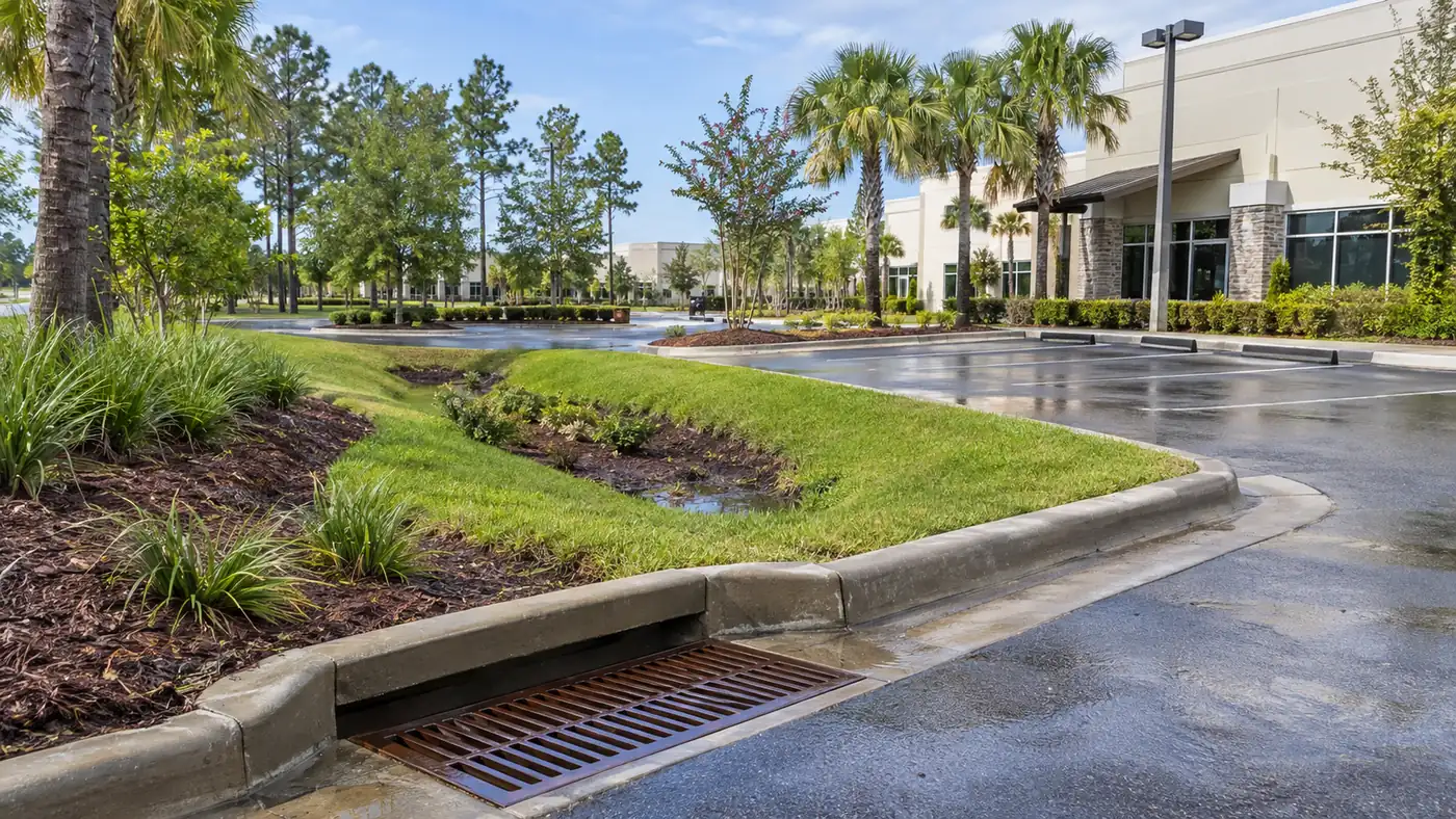 Swale and curb inlet Concept rendering: grassed swale and curb inlet grate draining a wet commercial parking lot in Nassau County, FL