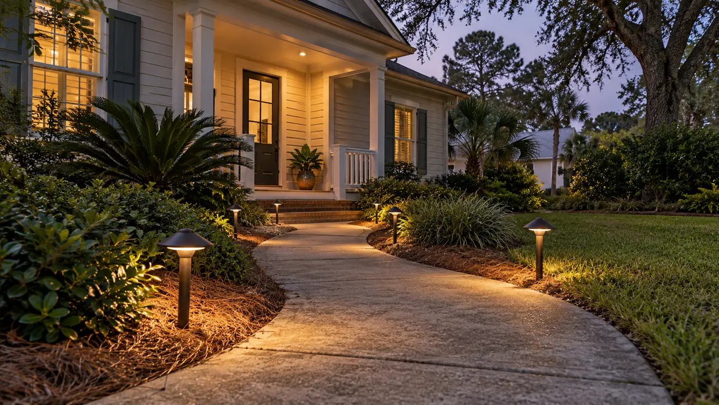 Path lighting Concept rendering: path lights along a curved front walkway to a porch at dusk in Nassau County, FL