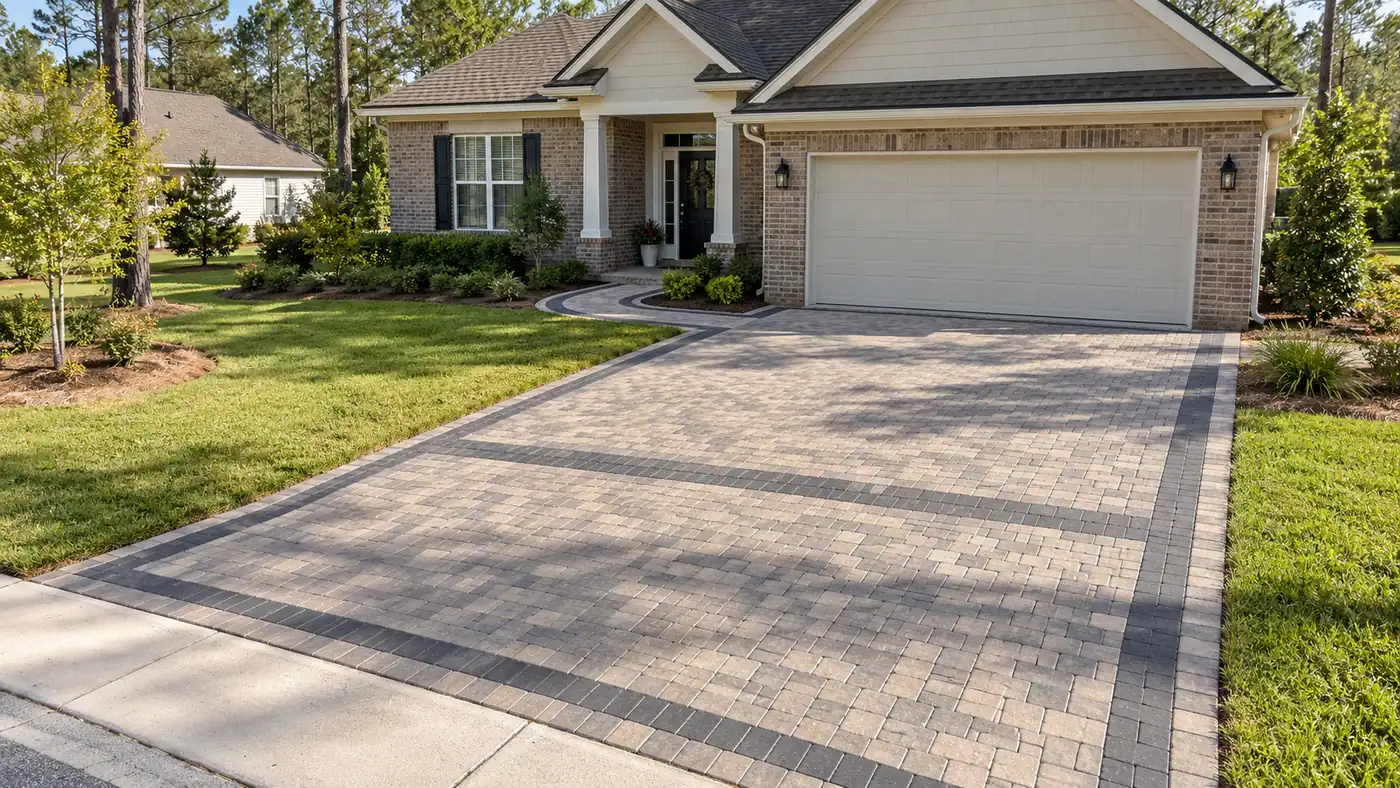 Banded paver driveway Concept rendering: tan paver driveway with charcoal banding at a brick home in Nassau County, FL