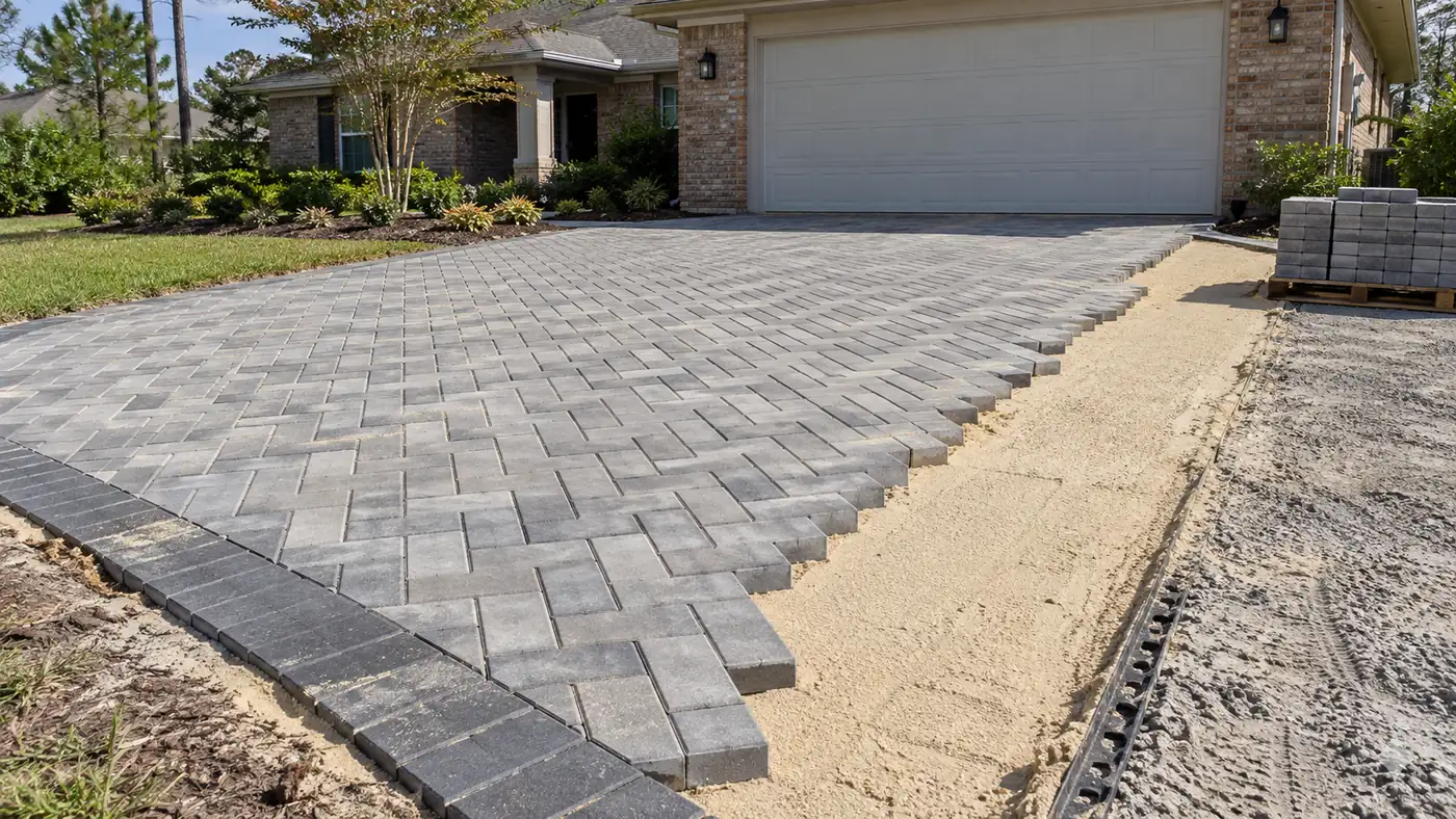 Paver driveway install Concept rendering: gray paver driveway being laid over bedding sand with edge restraint in Nassau County, FL