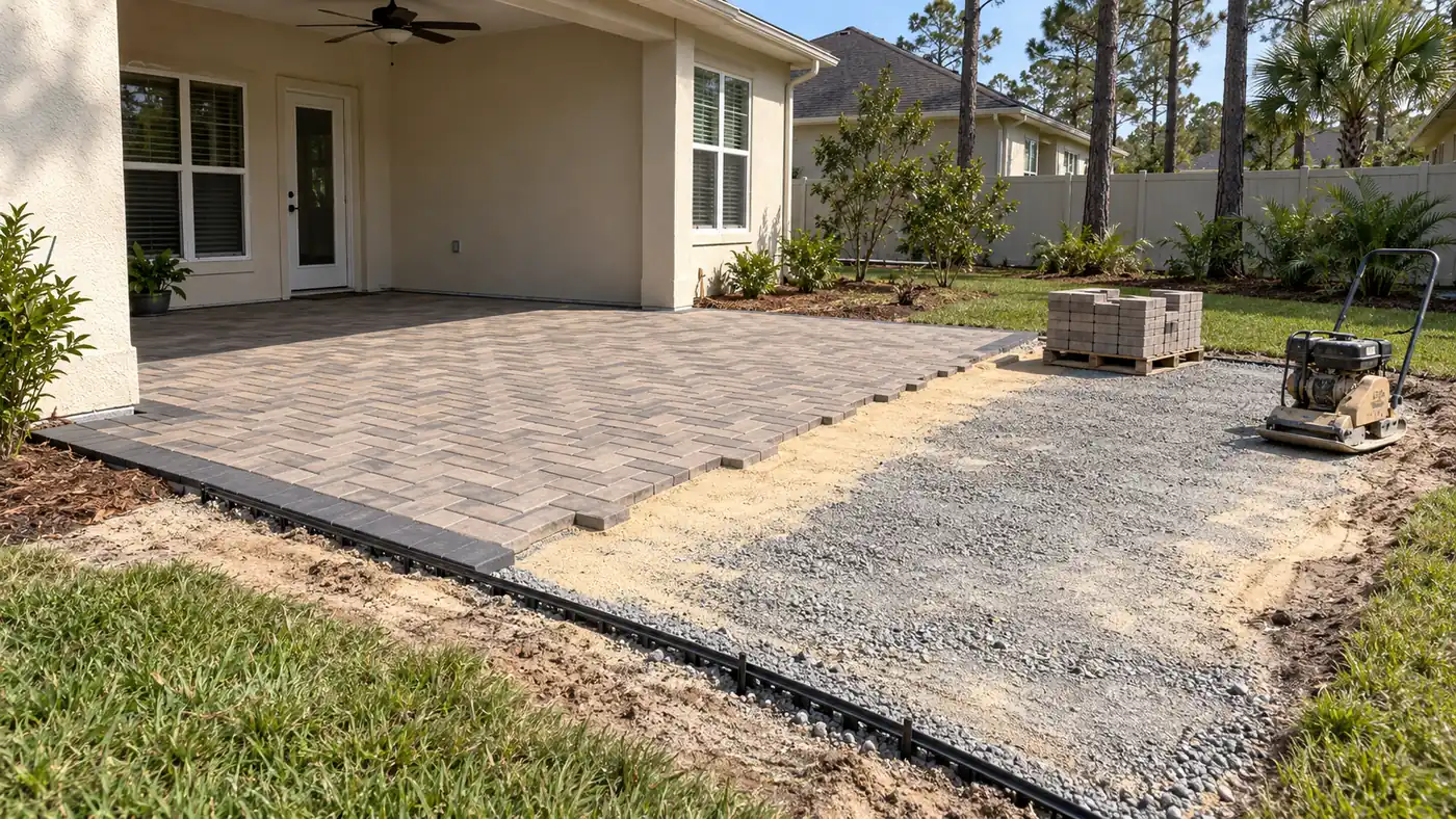 Paver base preparation Concept rendering: paver patio under construction with compacted base, a plate compactor and a paver pallet in Nassau County, FL
