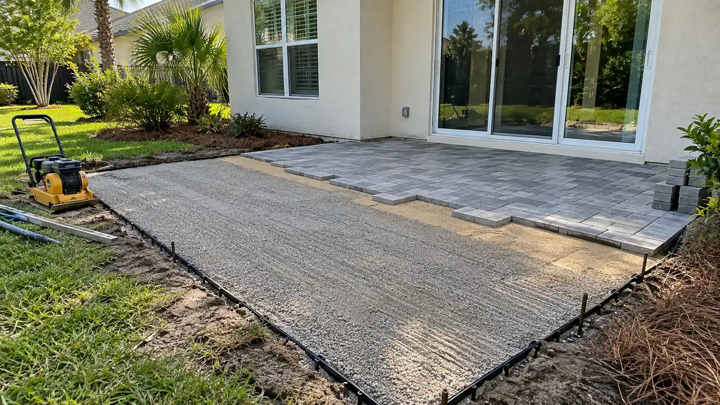 Patio base and screed Concept rendering: paver patio base with screeded sand, edge restraint and a plate compactor in Nassau County, FL