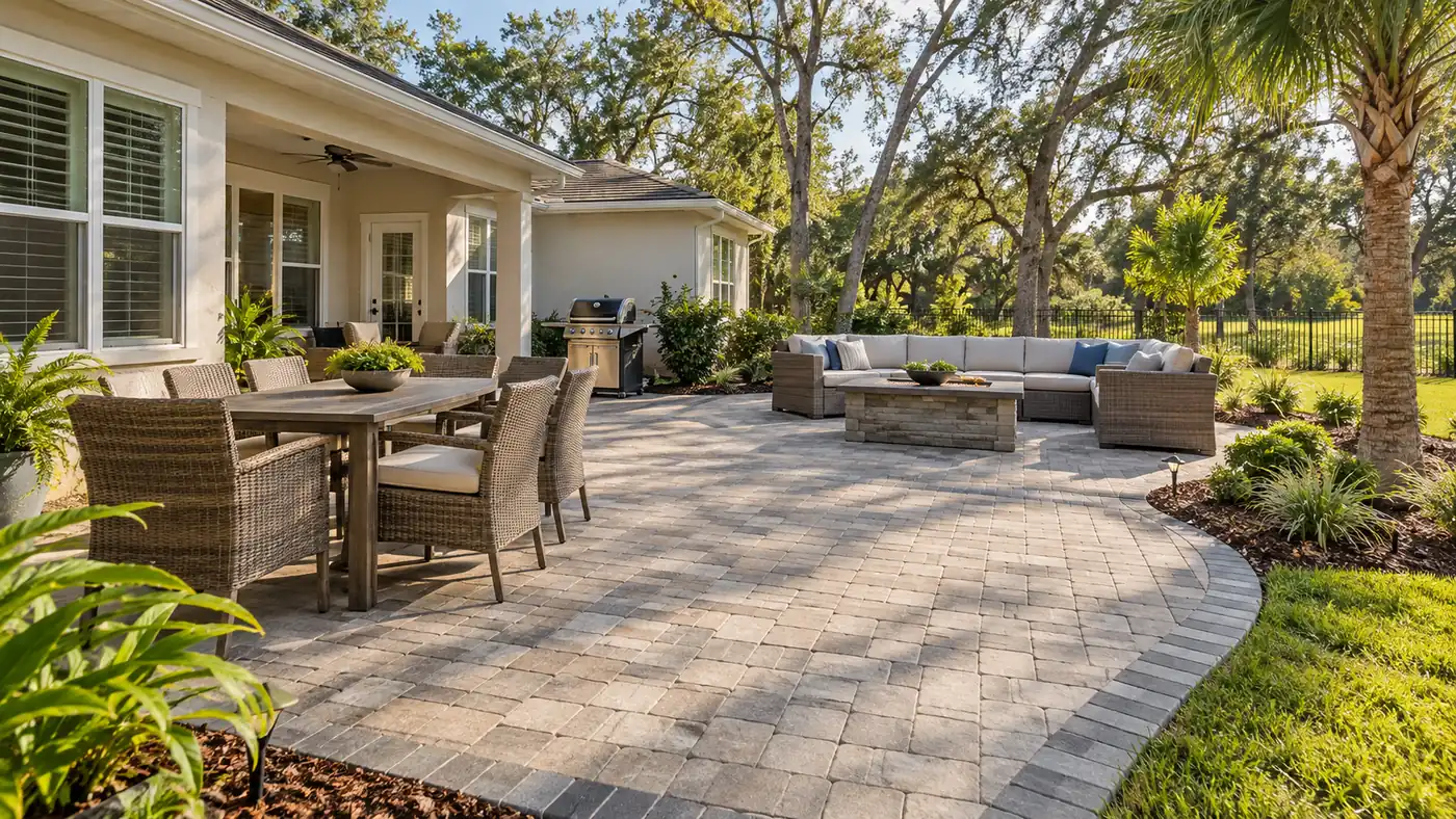 Patio dining and lounge Concept rendering: large paver patio with outdoor dining, a lounge area and a grill under live oaks in Nassau County, FL