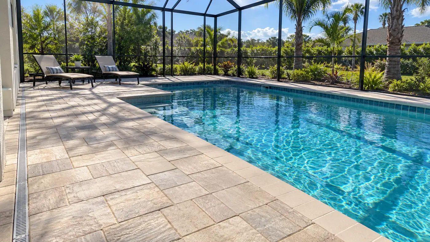 Screened pool deck Concept rendering: paver pool deck with lounge chairs inside a screened pool enclosure in Nassau County, FL