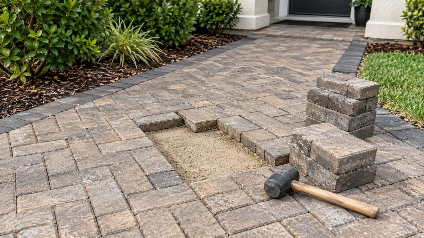 Paver repair Concept rendering: paver repair with lifted stones, bedding sand and a rubber mallet in Nassau County, FL