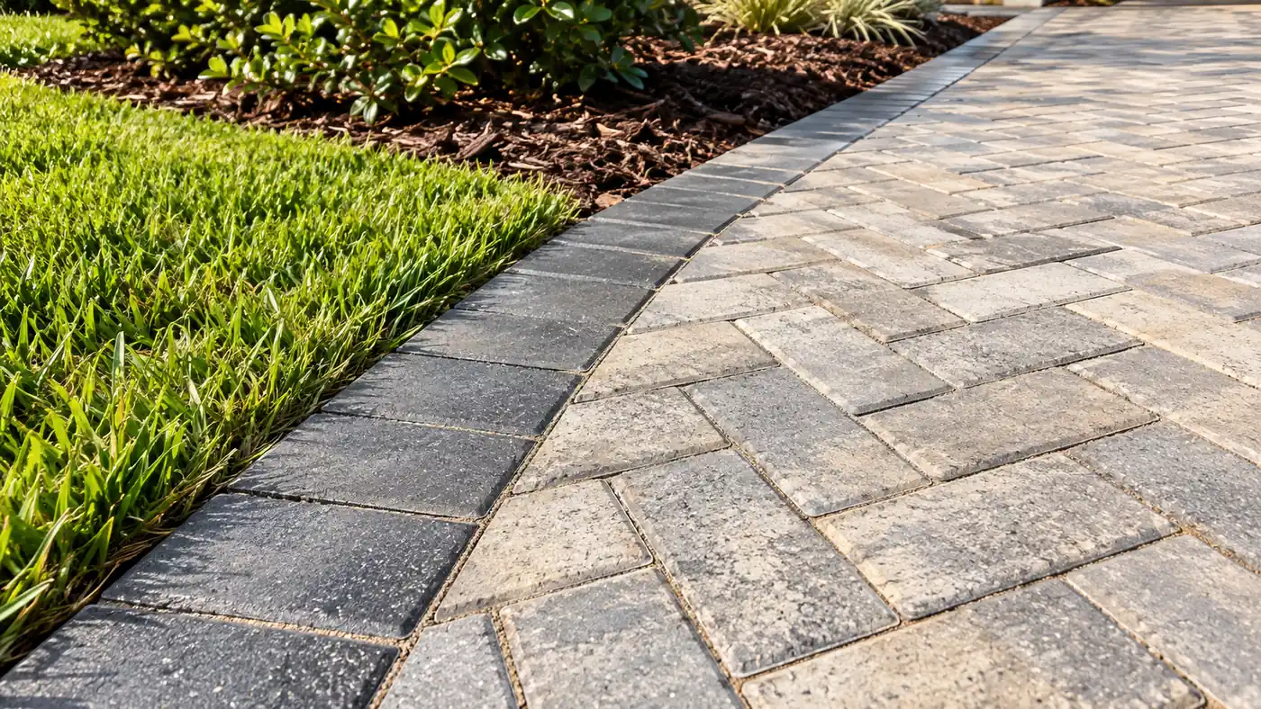 Walkway border detail Concept rendering: close-up of a paver walkway with a charcoal border course beside turf in Nassau County, FL