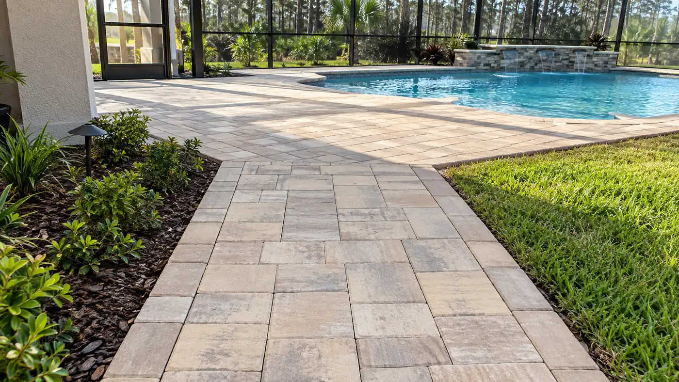 Walkway to the pool Concept rendering: wide paver walkway leading to a screened pool enclosure in Nassau County, FL