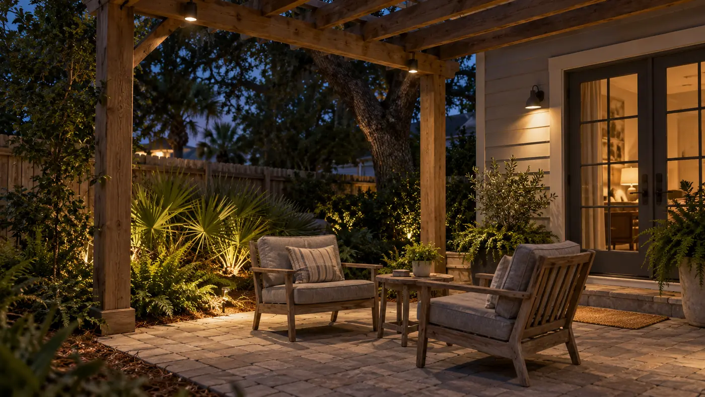 Pergola patio lighting Concept rendering: pergola downlights and plant uplights over a paver patio seating area at night in Nassau County, FL
