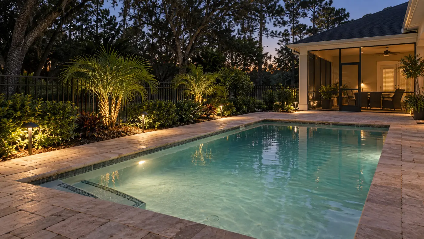 Pool deck lighting Concept rendering: landscape lighting on palms around a lit pool and paver deck at dusk in Nassau County, FL