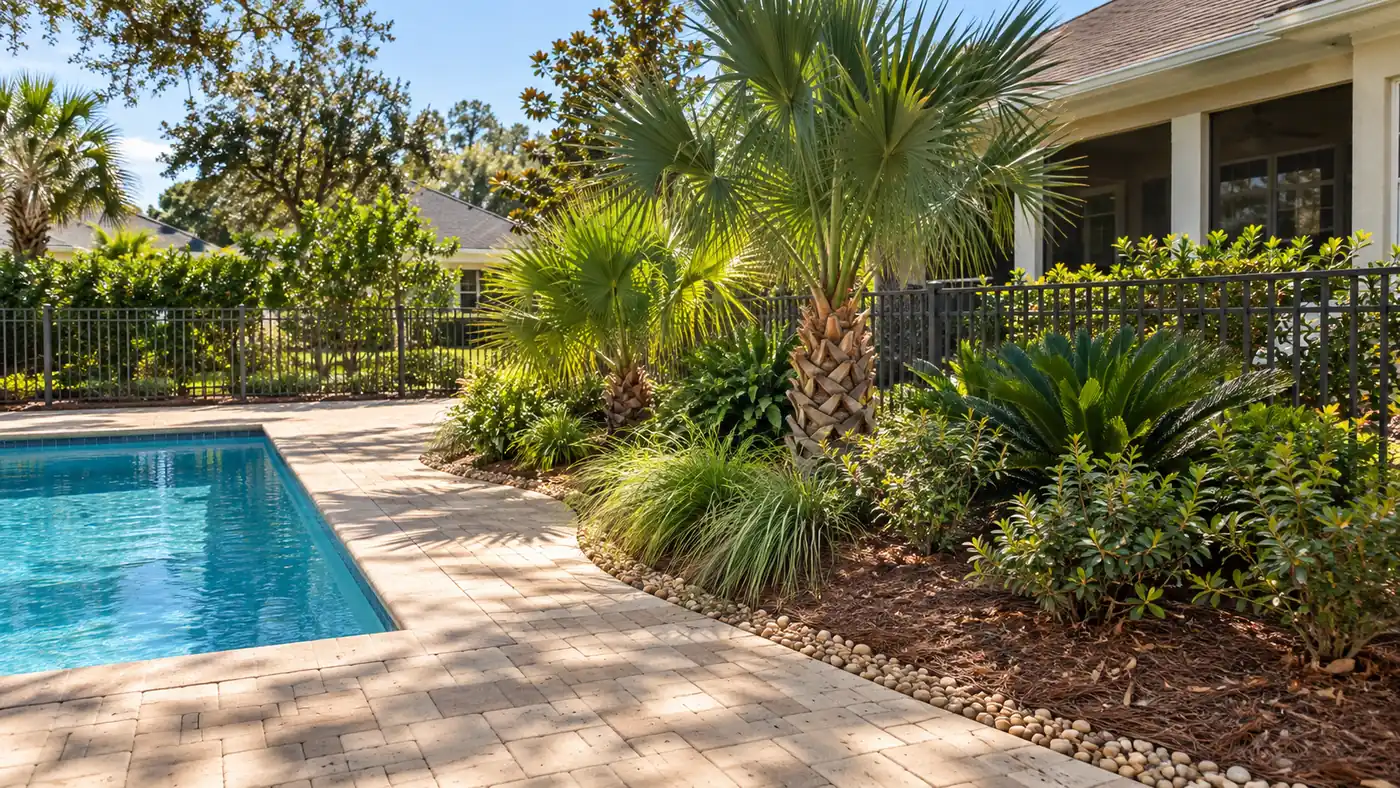 Poolside planting Concept rendering: poolside planting of palms, sago and shrubs along a paver deck in Nassau County, FL