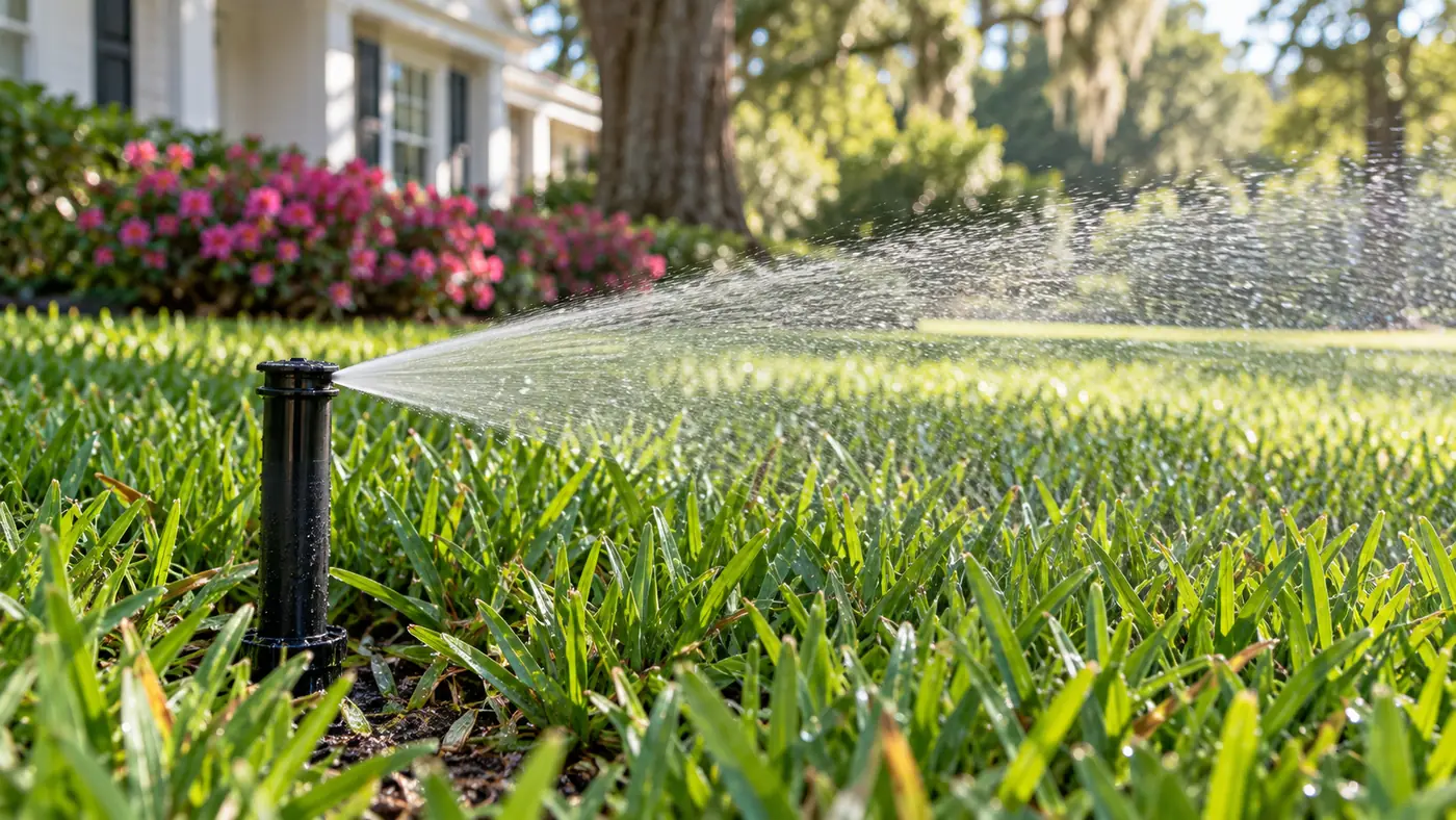 Pop-up sprinkler running Concept rendering: pop-up sprinkler head spraying a lawn in front of blooming azaleas in Nassau County, FL
