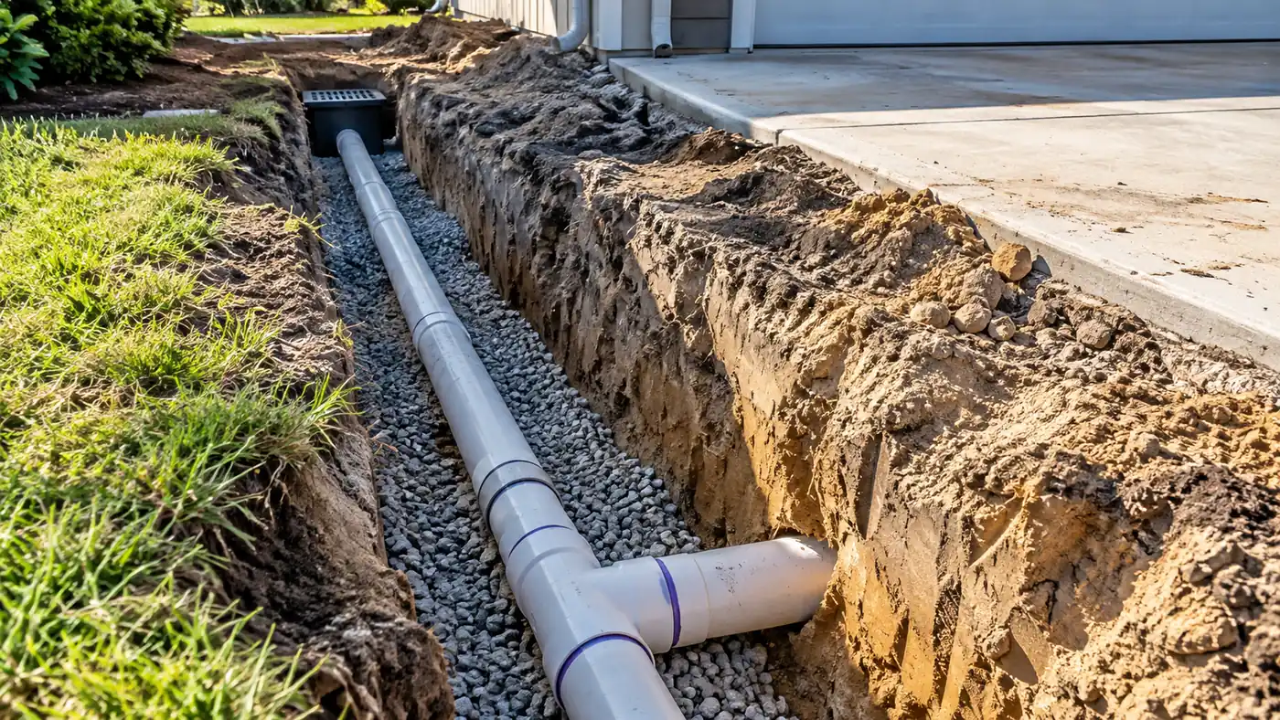 Drain line in a trench Concept rendering: PVC drain line laid on gravel in a trench beside a concrete driveway in Nassau County, FL