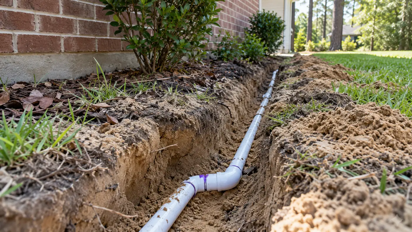 Lateral line in sandy soil Concept rendering: PVC lateral line and fitting in a trench cut through sandy soil beside a brick home in Nassau County, FL