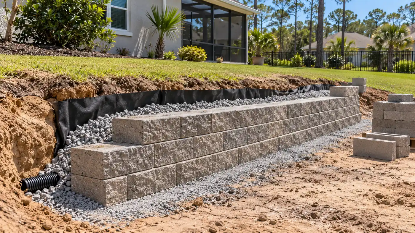 Wall construction and drainage Concept rendering: block retaining wall under construction with gravel backfill, filter fabric and drain pipe in Nassau County, FL