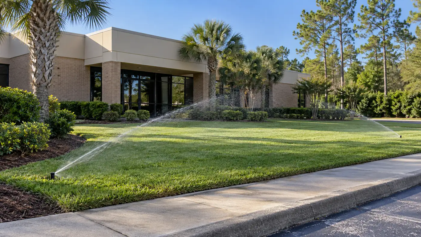 Commercial sprinkler zone Concept rendering: rotor sprinklers watering the lawn in front of a commercial building in Nassau County, FL
