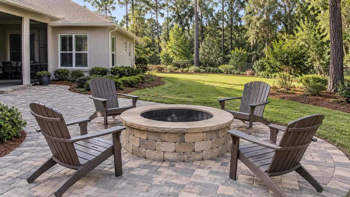 Round fire pit patio Concept rendering: round block fire pit with four Adirondack chairs on a circular paver patio in Nassau County, FL