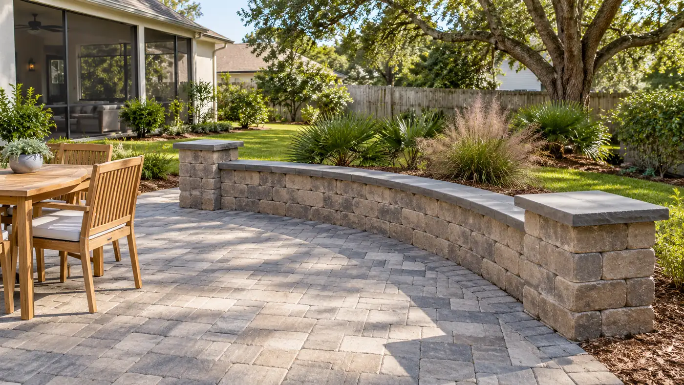 Patio seat wall Concept rendering: curved seat wall with pillars around a paver patio and dining table in Nassau County, FL