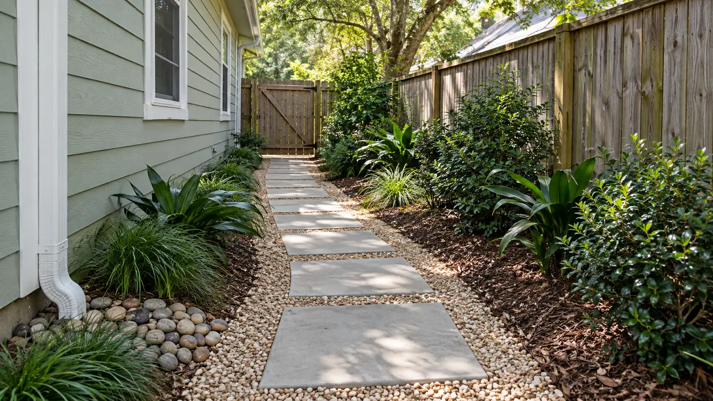 Side yard stepping path Concept rendering: side yard stepping stone path in river rock between plant beds and a fence in Nassau County, FL