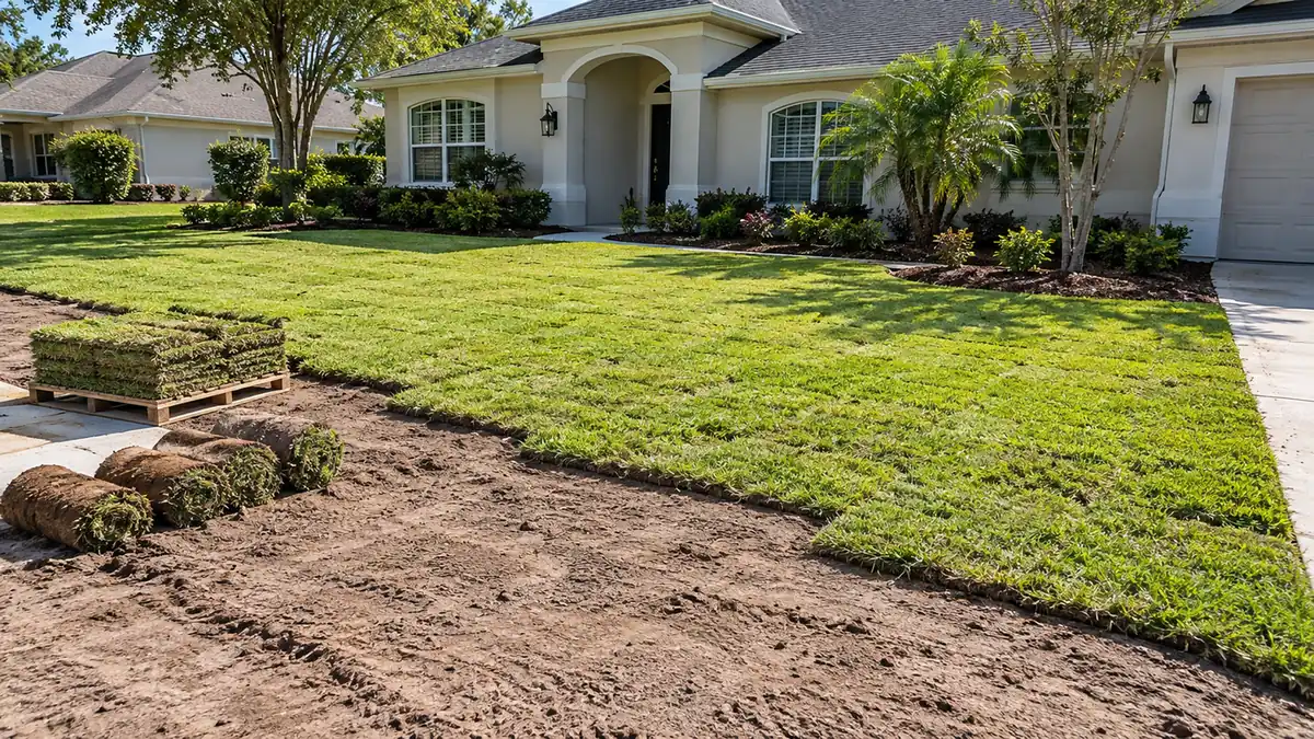 Sod installation in progress Concept rendering: sod being laid across a graded front yard with rolls and pallets staged in Nassau County, FL