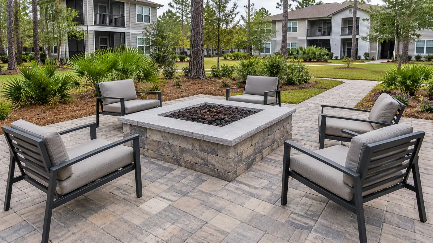 Community fire pit Concept rendering: square gas fire pit with lounge chairs on a paver courtyard at a residential community in Nassau County, FL