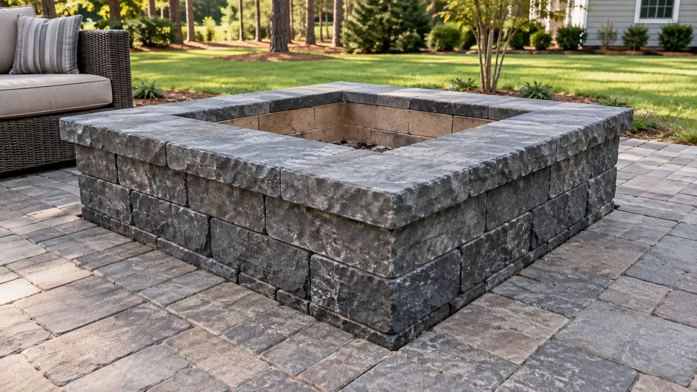 Square stone fire pit Concept rendering: square stone block fire pit with a cap on a paver patio in Nassau County, FL