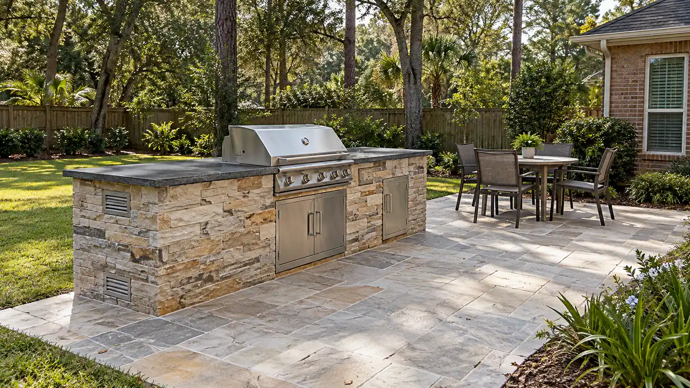 Stone outdoor kitchen Concept rendering: stacked stone outdoor kitchen with a built-in grill on a travertine patio in Nassau County, FL