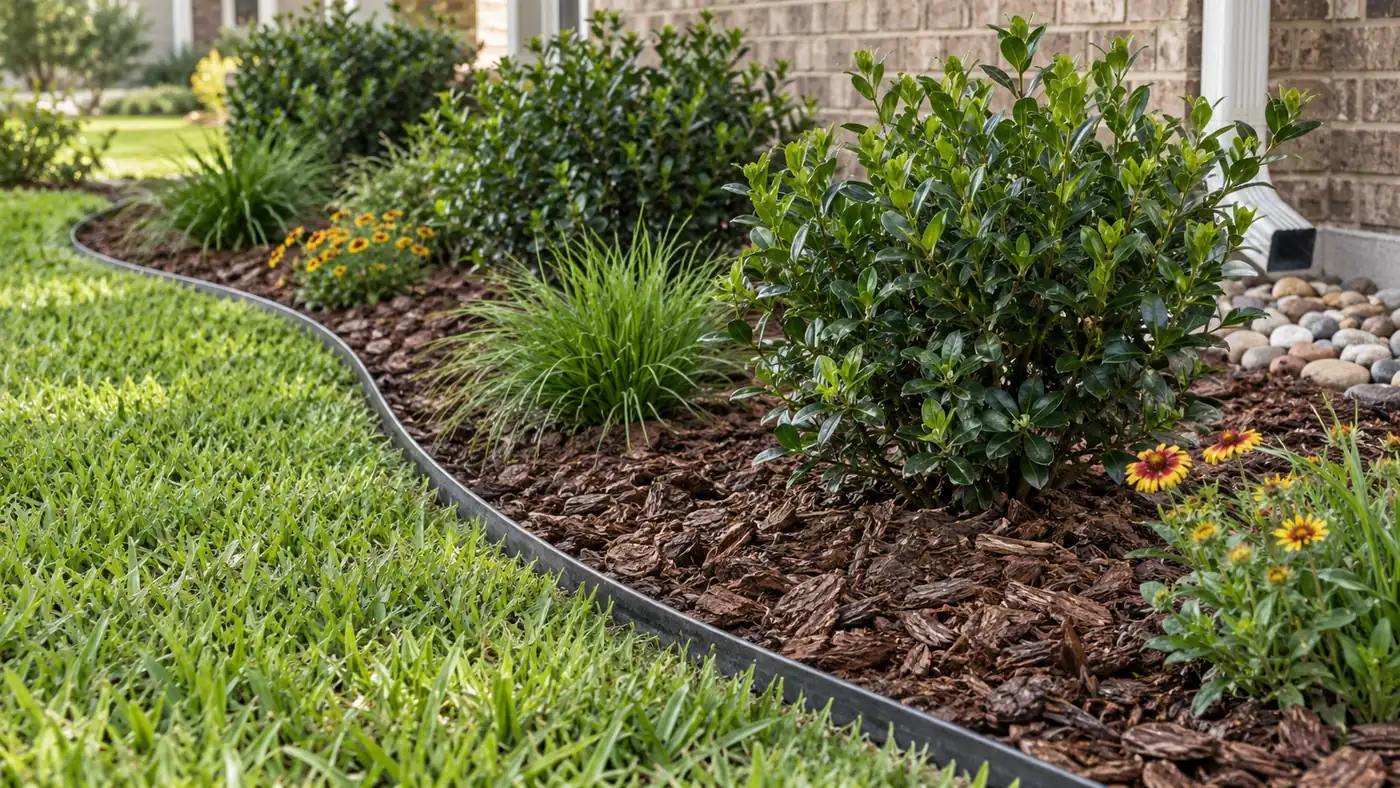 Steel-edged planting bed Concept rendering: steel-edged mulch bed with shrubs, grasses and blanket flower beside a lawn in Nassau County, FL
