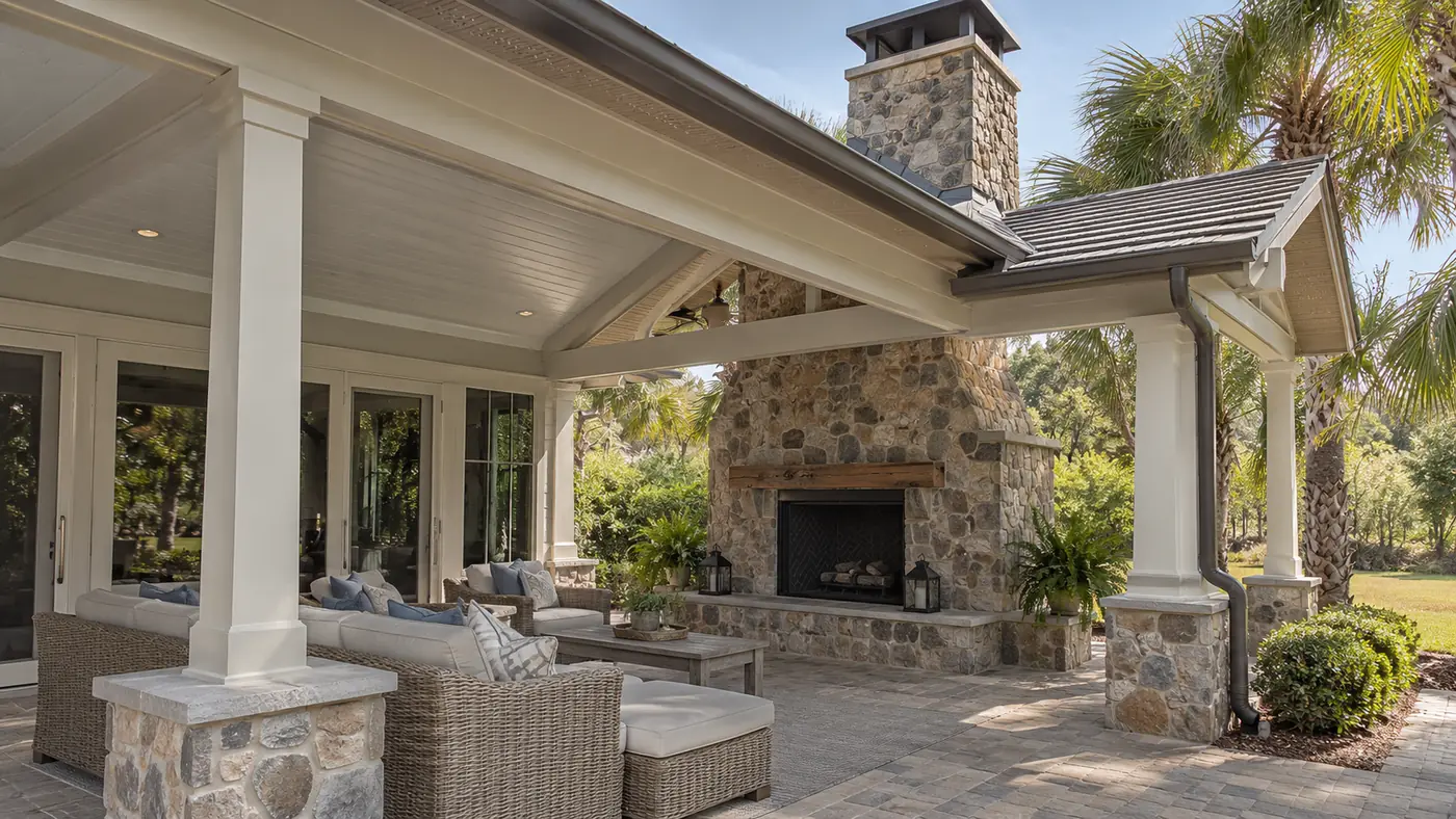 Covered patio fireplace Concept rendering: stone outdoor fireplace under a covered patio with wicker seating in Nassau County, FL