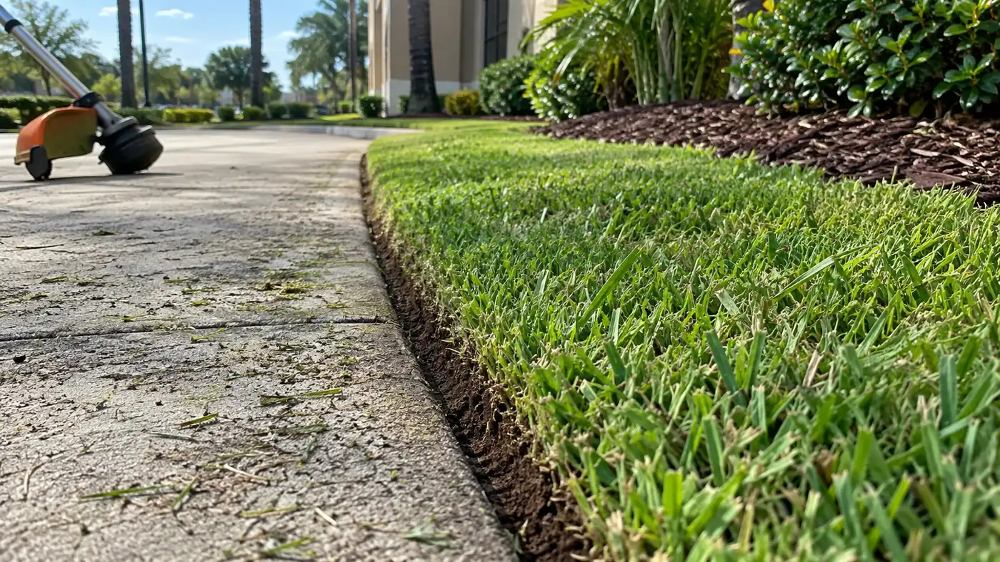 Sidewalk edging Concept rendering: crisp sidewalk edge cut with a string trimmer along a mulched turf border in Nassau County, FL