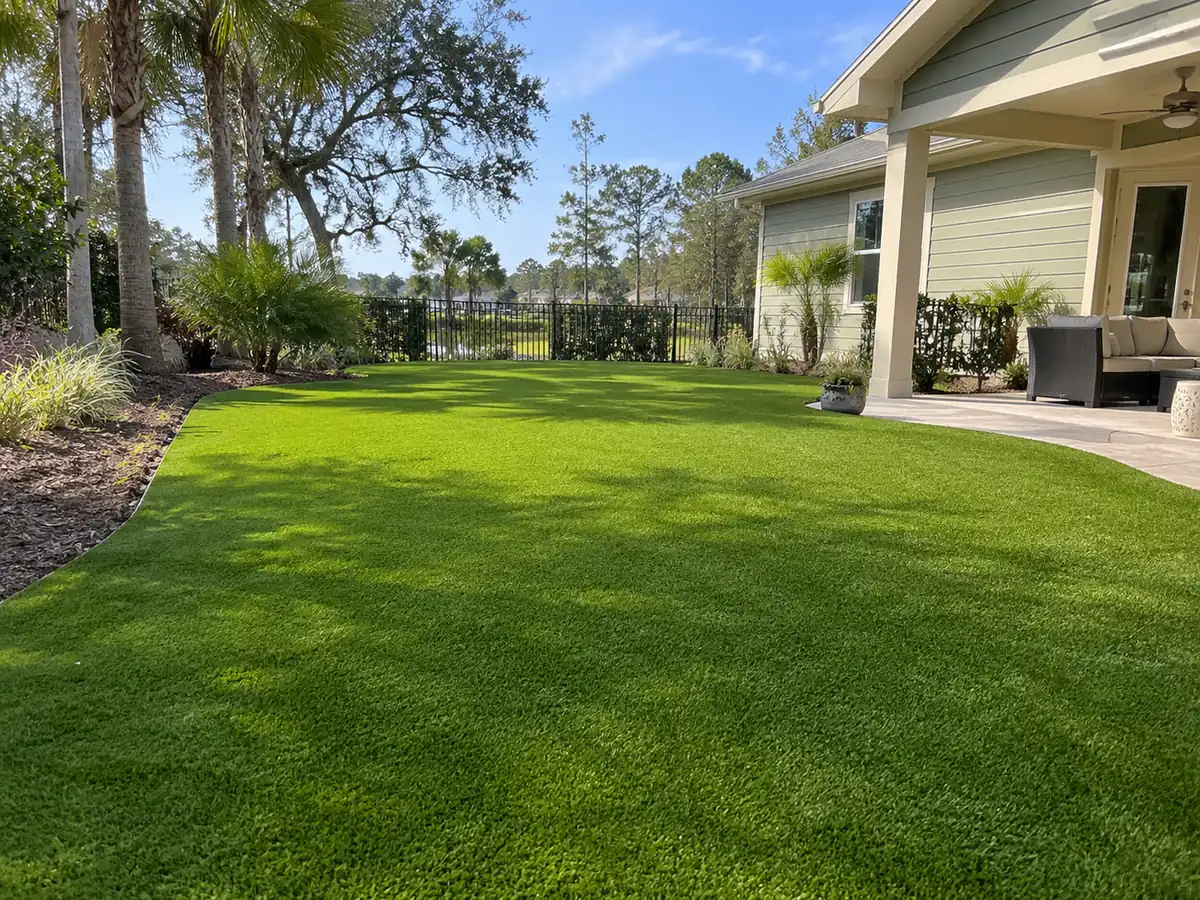 Turf with a curved bed border Concept rendering: synthetic turf backyard with a curved mulch bed border under live oaks in Nassau County, FL