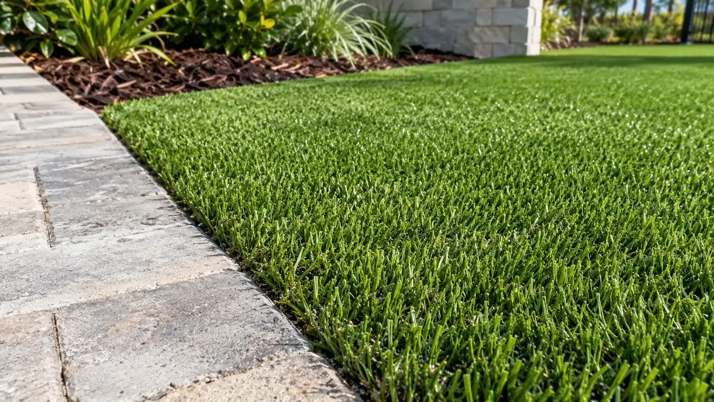 Turf and travertine edge Concept rendering: close-up of synthetic turf blades meeting a travertine paver edge in Nassau County, FL