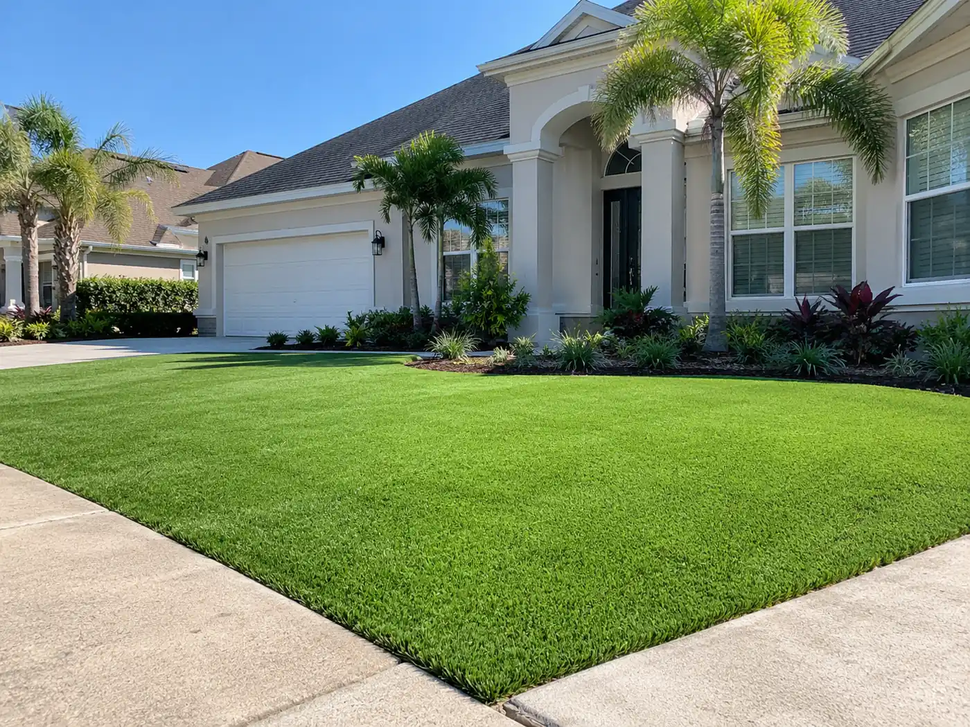 Synthetic turf front yard Concept rendering: synthetic turf front yard wrapping a concrete walkway at a single-story home in Nassau County, FL