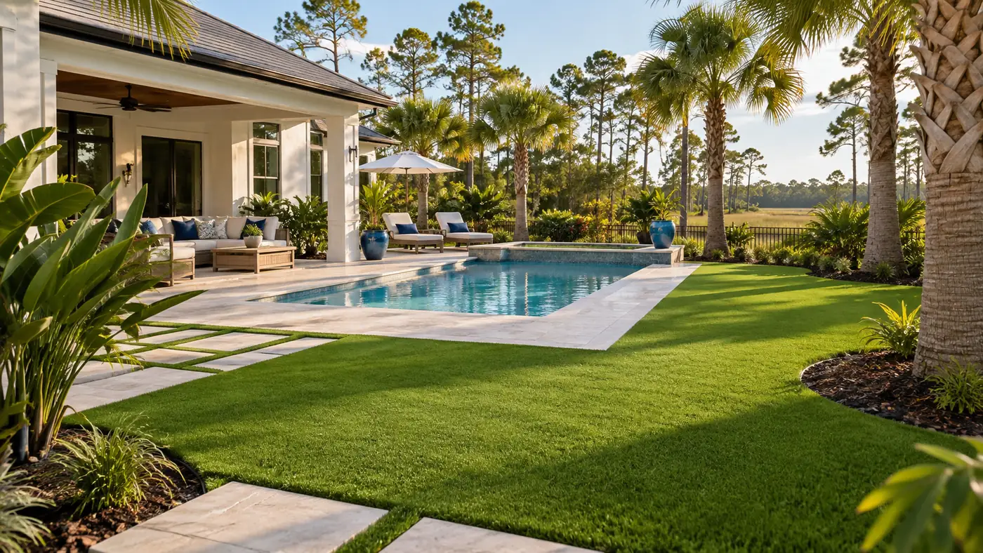 Poolside synthetic turf Concept rendering: synthetic turf lawn with stepping pads leading to a pool and covered patio in Nassau County, FL