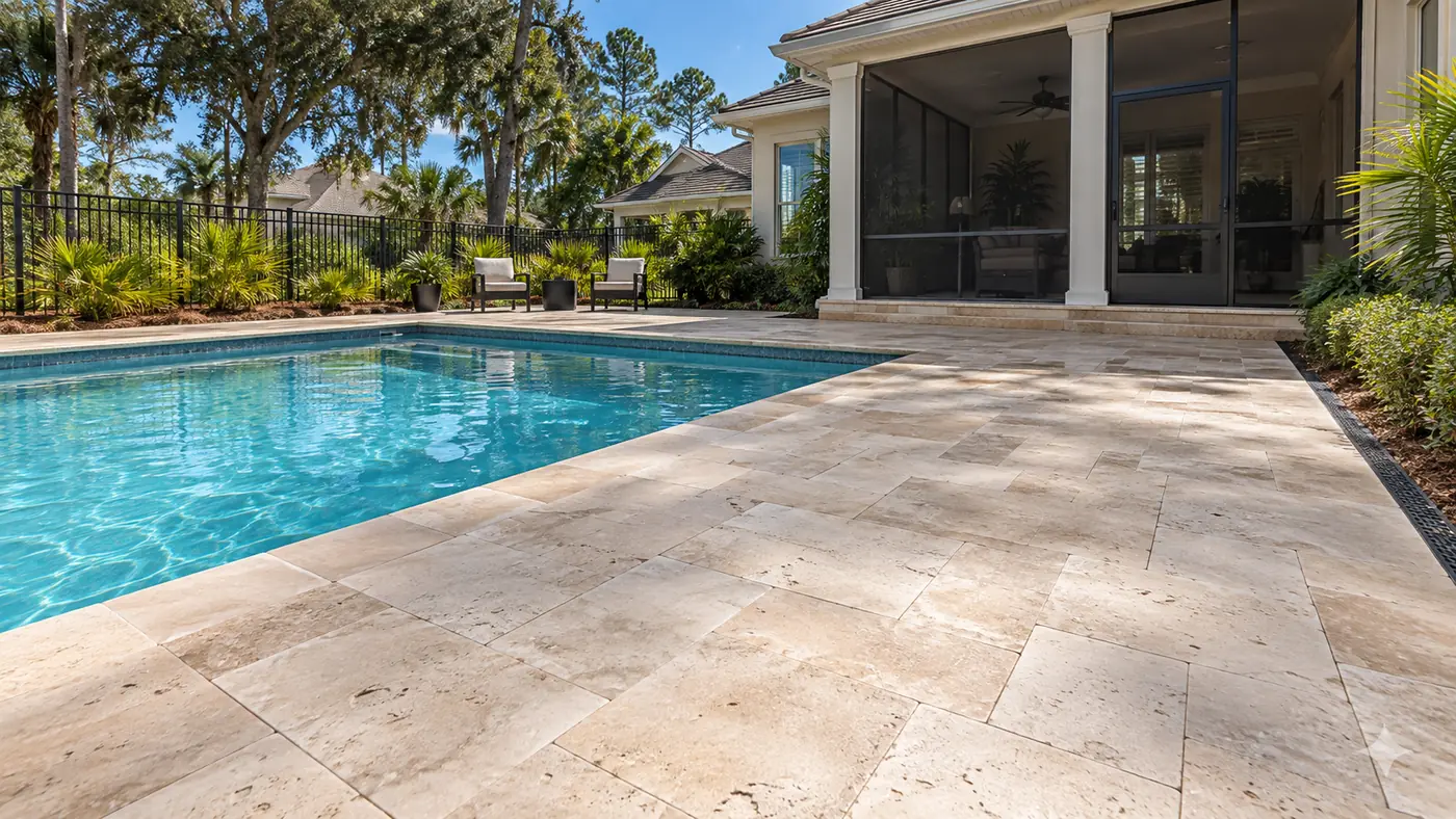 Travertine pool deck Concept rendering: travertine paver pool deck beside a screened lanai in Nassau County, FL