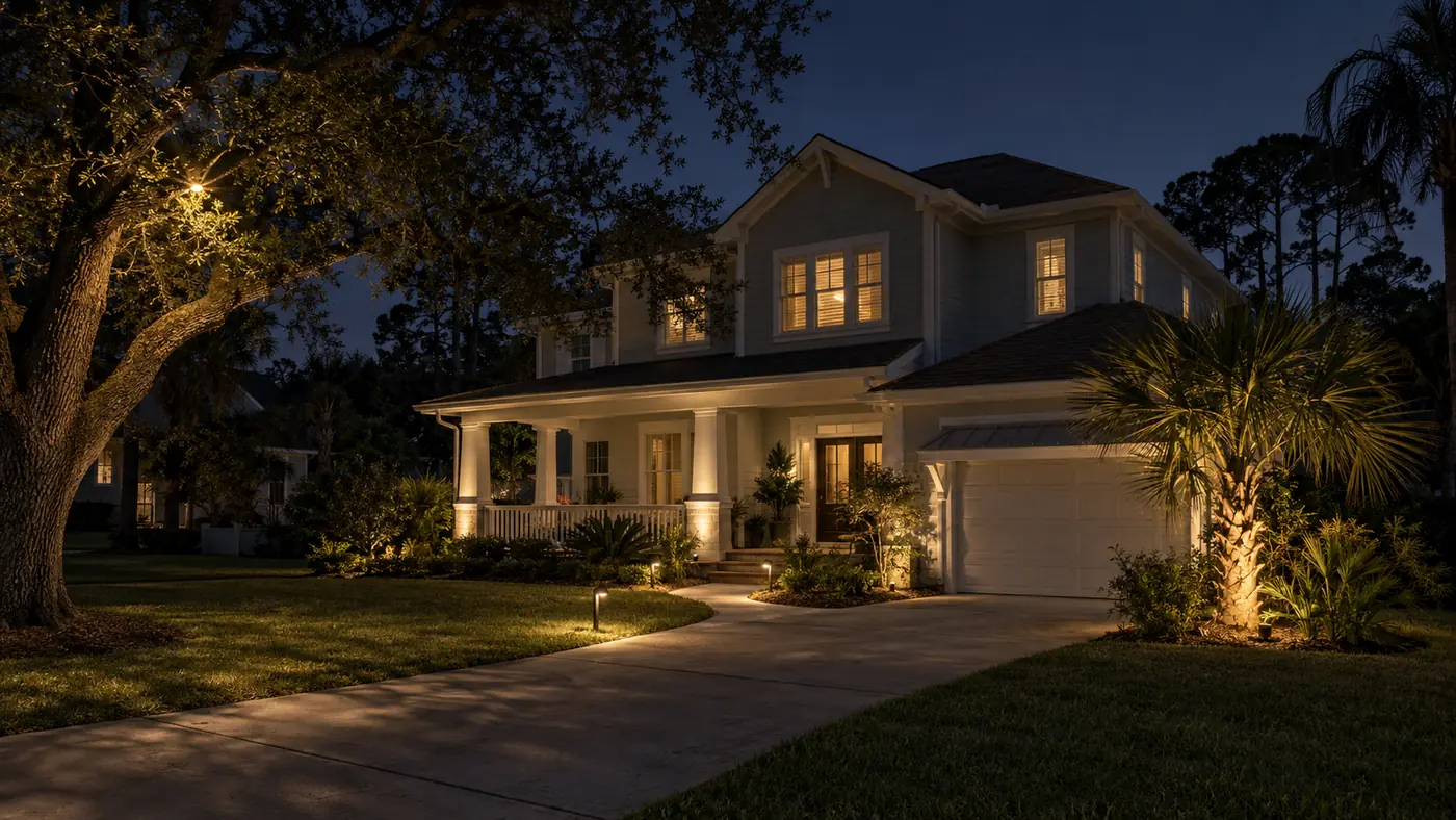 Whole-yard lighting Concept rendering: landscape lighting on a two-story home, live oak and palm at night in Nassau County, FL