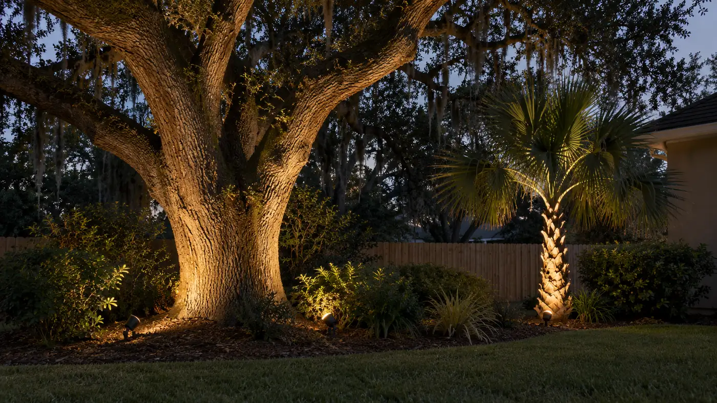 Tree uplighting Concept rendering: uplighting on a live oak trunk and a palm at night in Nassau County, FL