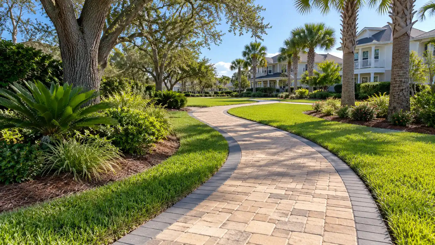 Winding paver path Concept rendering: winding paver path with a border course through a coastal community in Nassau County, FL