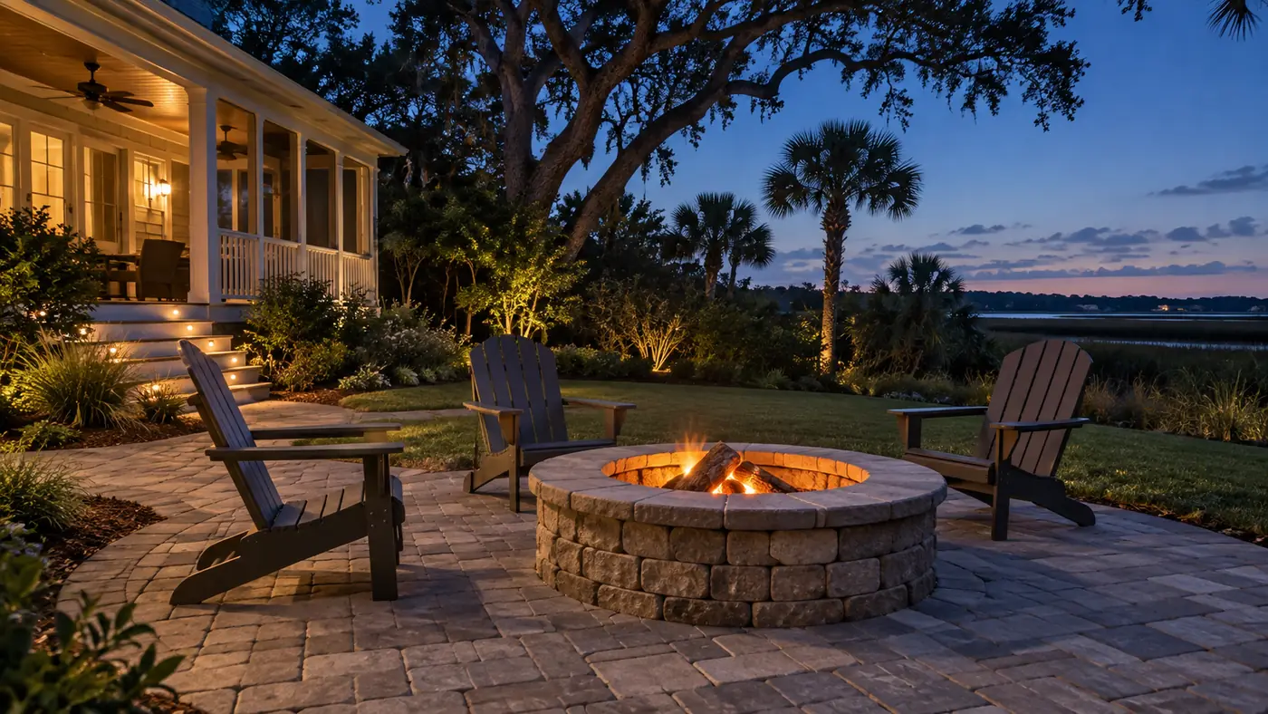 Fire pit at dusk Concept rendering: wood-burning fire pit with Adirondack chairs on a paver patio at dusk by the marsh in Nassau County, FL