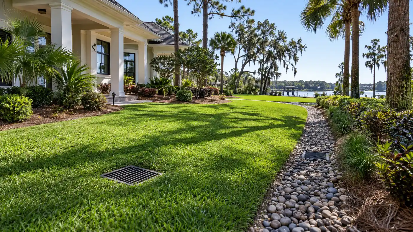 Yard drain and rock swale Concept rendering: yard drain grate in a lawn beside a river rock swale at a waterfront home in Nassau County, FL