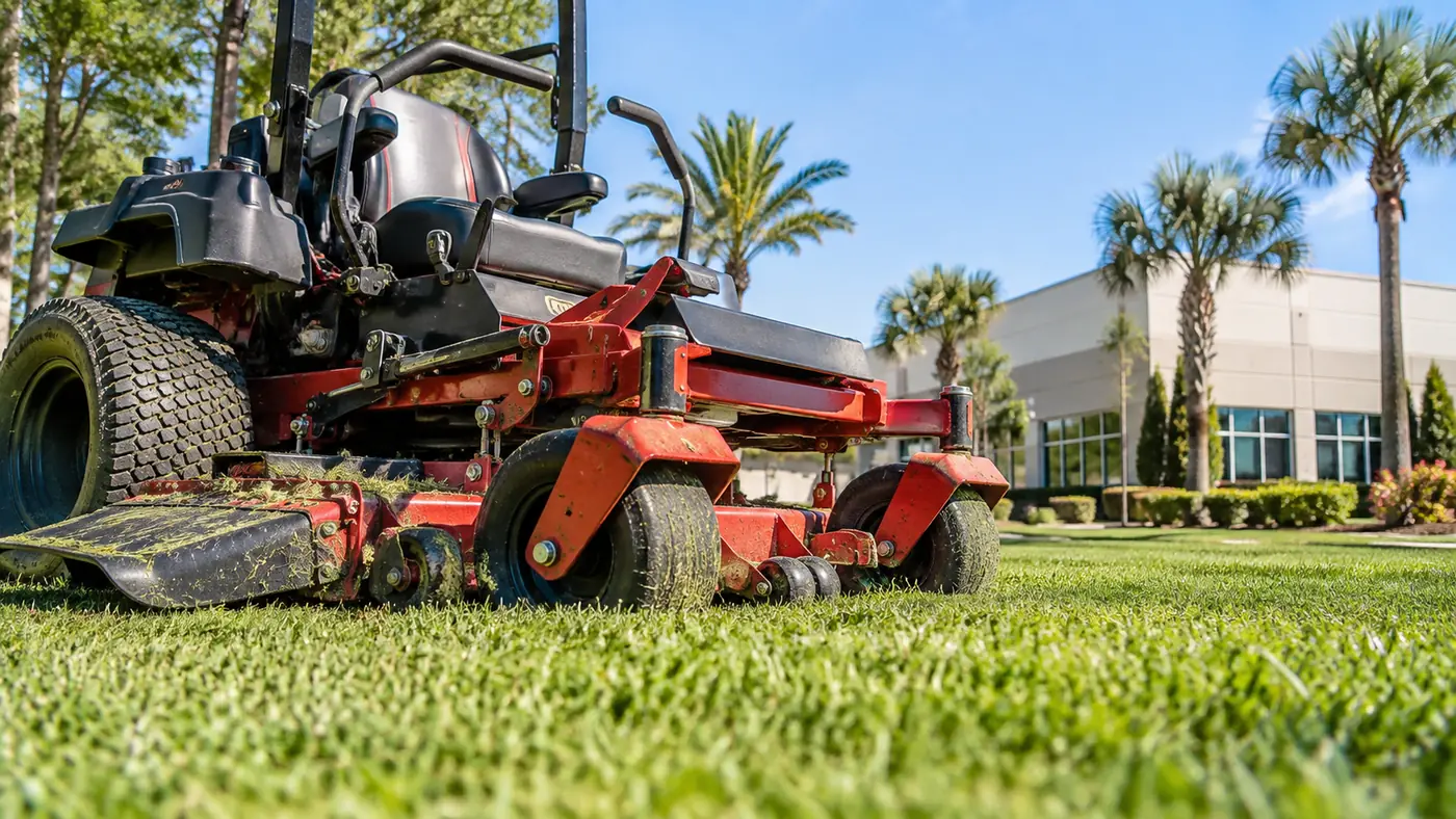 Zero-turn mower at work Concept rendering: zero-turn mower on fresh-cut grass at a commercial property in Nassau County, FL