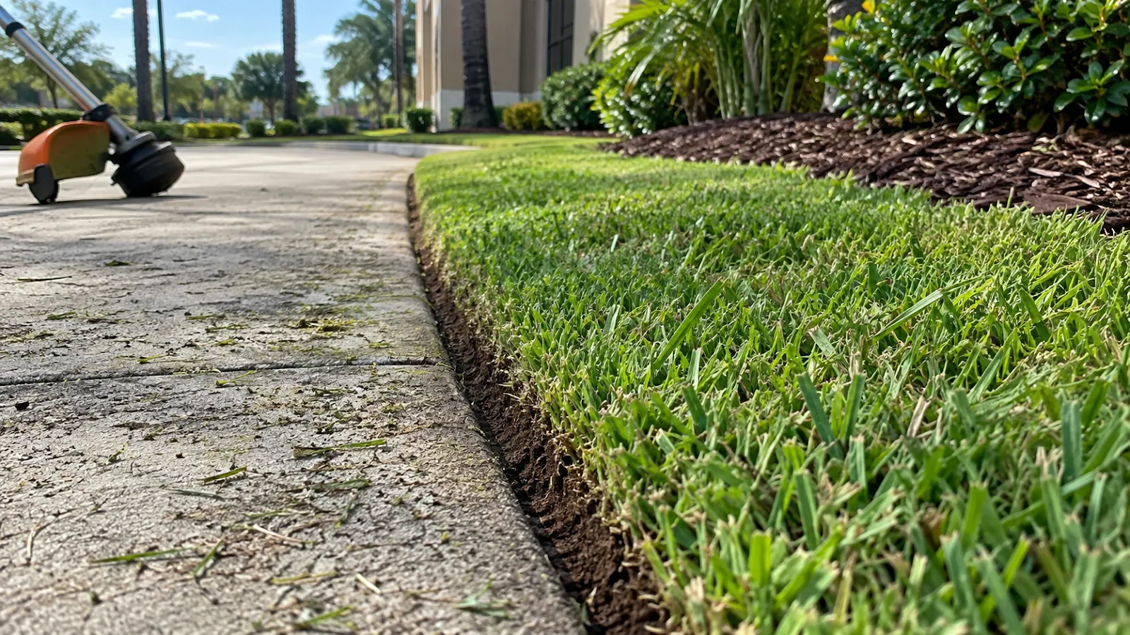 Freshly edged turf along a clean commercial walkway in Nassau County, FL