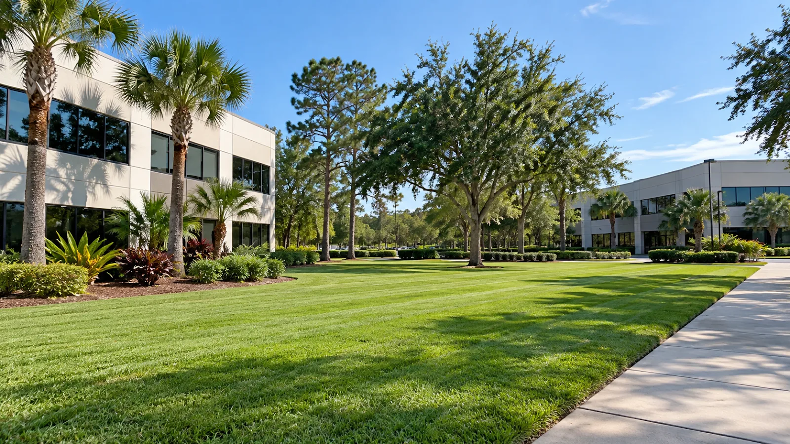 Dense manicured turf outside an office building under a commercial lawn care program in Nassau County, FL